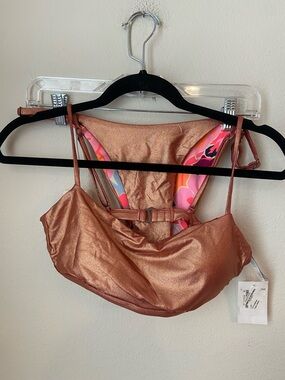 Maaji Reversible Tie Side Bikini Bottoms Metallic Copper Tropical Floral L NWT